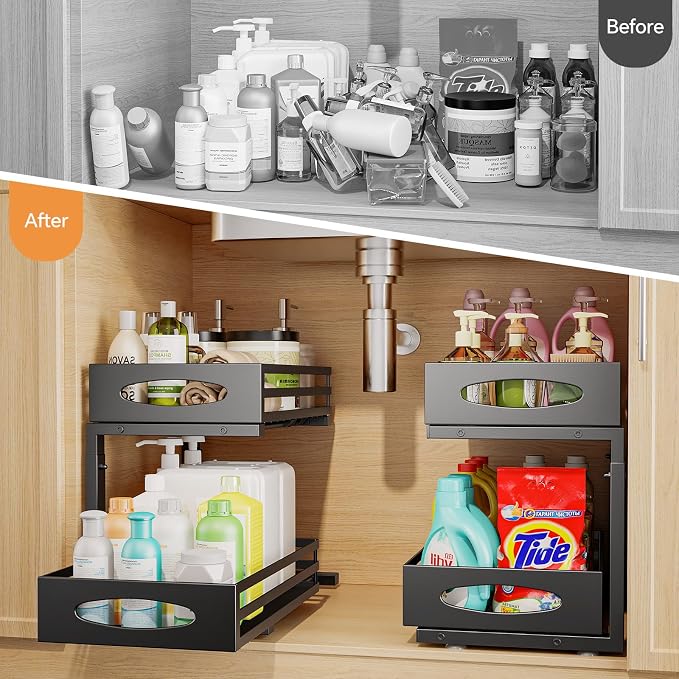 Under Sink Organizer, 2 Tier Under Sink Organizers and Storage, Adjustable Height, Slide out Metal Cabinet Organizers, Pull out Cabinet Storage Drawer Shelf for Kitchen Bathroom (Black, 1 Pack) - Image 3