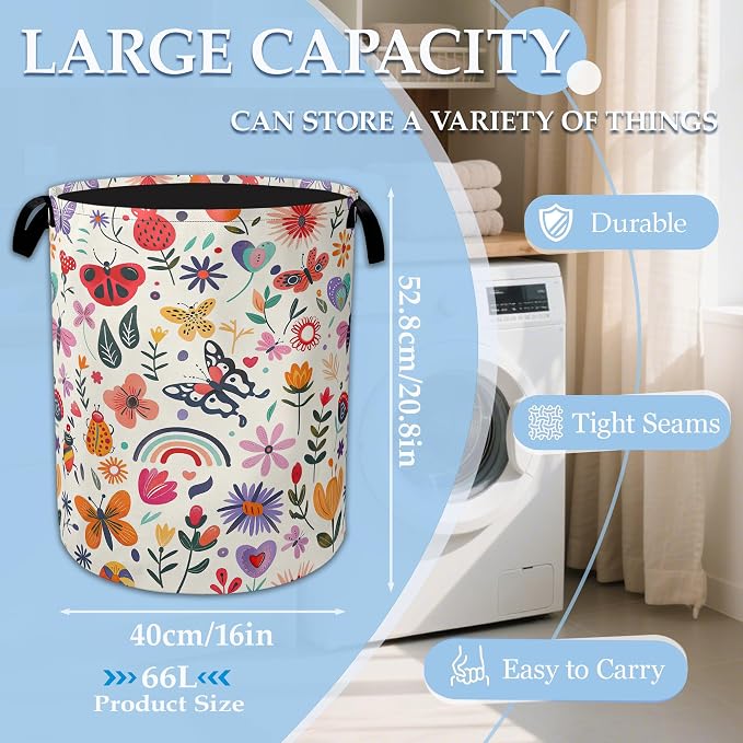 Colorful Butterfly Flowers Laundry Basket Collapsible Laundry Hamper Clothes Storage Bin for Bathroom Bedroom Room Decor 16" X 20.8" - Image 2