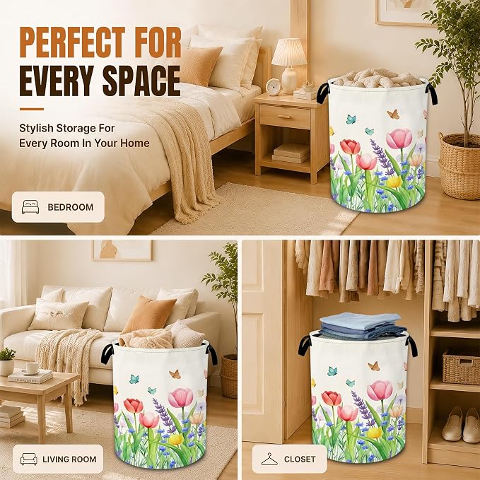 Decorative Foldable Laundry Basket with Handles,Watercolor Tulips Oxford Clothes Hamper featuring Spring Flowers, 16 x 20.8 Inch Storage Basket for Bedroom Bathroom Laundry Room,20.8x16 Inch - Image 7