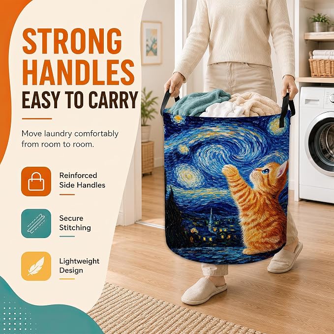 Starry Night Laundry Basket,Cute Cat Large Collapsible Portable Round Laundry Hamper with Handles,Oxford Storage Bin for Clothes,Blankets,Bedroom,Bathroom - Image 5