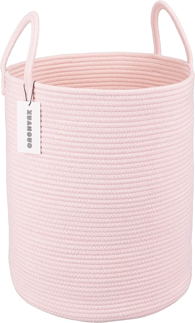 XUANGUO Cotton Rope Laundry Basket Hamper for Girls Kids Baby Nursery Pink by XUANGUO