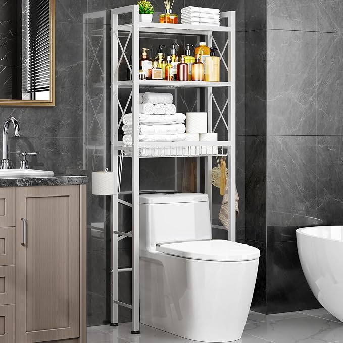 Kalrin Over The Toilet Storage with X Shape Side Guardrail, 3-Tier Over Toilet Storage Rack with Drain Basket, Freestanding Bathroom Organizer for Balcony Laundry, Pure White by Kalrin