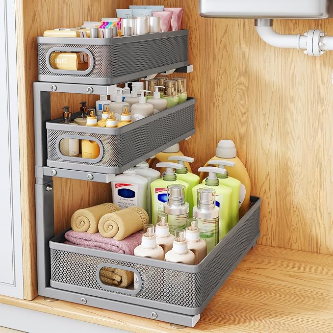 Under Sink Organizer, 3-Tier Thickened Metal Pull out Cabinet Organizer Shelf, Height Adjustable Slide out Storage Drawer Rack for Kitchen Bathroom Pantry Laundry Home Organization, 1-Pack, Grey by HERJOY