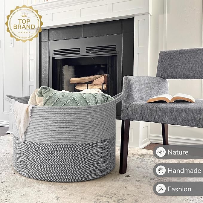 INDRESSME 115L Extra Large Woven Rope Blanket Basket Living Room, Grey - Image 7