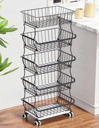 OKZEST 5 Tier Fruit Basket for Kitchen, Stackable Bins Wire Rack with Wheels, Fruit and Vegetable Storage Basket Pantry Food Snack Organizer Shelf, Kitchen Storage Cart for Onion and Potato, Produce - Image 8