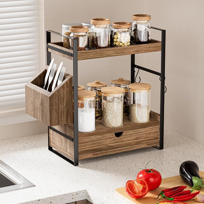 2-Tier Bathroom Counter Organizer, Wooden Vanity Shelf with Drawer & Basket - Image 6