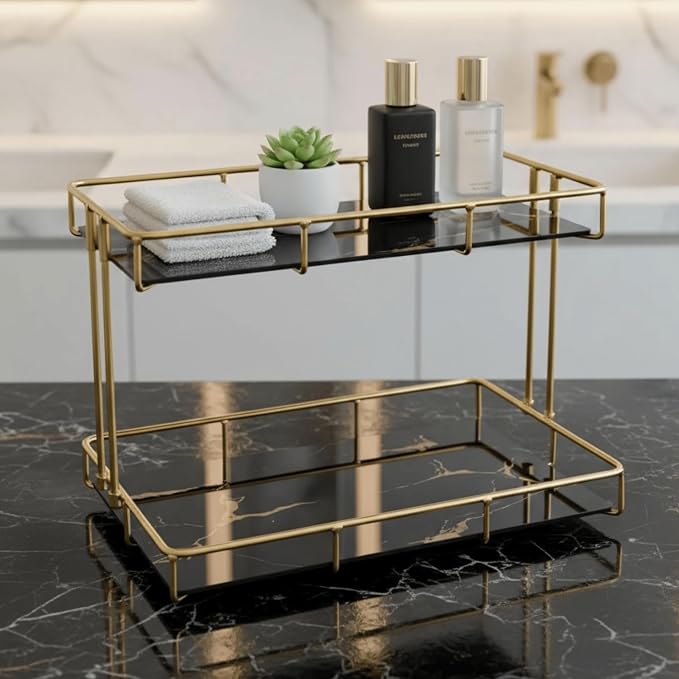 2-Tier Black Marble Bathroom Countertop Organizer – Glass Shelves & Gold Metal Frame, Stylish Vanity Storage Shelf for Perfume, Skincare, Makeup & Toiletries by L%C3%A9azora