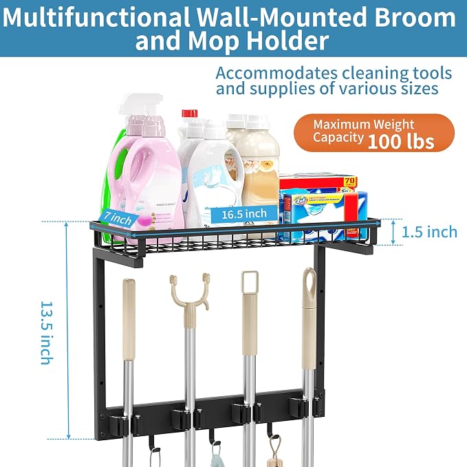 XLP Heavy Duty Broom Holder Wall Mount, All-Metal Cleaning Supplies Organizer & Mop Holder, Space Saving Wall Hanging Rack with Hooks for Home, Garage, Laundry Room - Black - Image 4