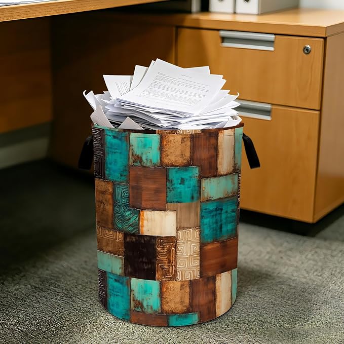 Vintage Geometric Teal Laundry Basket Foldable Laundry Hamper With Handles Clothes Storage Bucket Organizer Laundry Bag For Bedroom Bathroom Laundry Storage 19.6 x 15.7 - Image 7