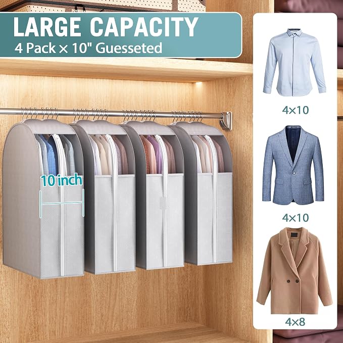 Liuoud 10" Gusseted Garment Bags for Hanging Clothes with Clear Window, 32" | Suit Bags for Closet Storage with Large Metal Zipper, Breathable odorless Hanging Plastic Clothes Cover for Coat Dress Fur - Image 3