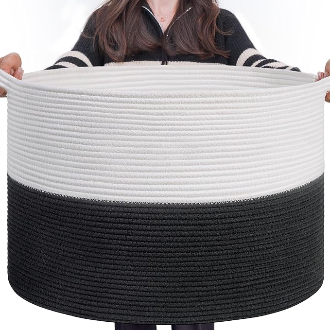 INDRESSME XXXLarge Woven Rope Blanket Basket Living Room White Black, 90L by INDRESSME