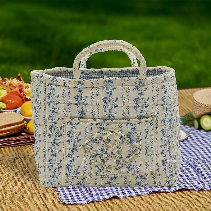 Quilted Fabric Storage Basket with Handles & Pocket, Foldable Laundry Hamper Boho Floral Print Organizer Bin for Home, Picnic, Office 12"x10"x10" (B-5) - Image 2