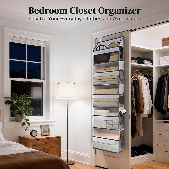 5 Tiers Ultra-thin Over Door Organizer with 10 Mesh Side Pockets, 44 lbs Weight Capacity Hanging Storage Organizer with Clear Window Kids Toys, Shoes, Diapers, White & Grey - Image 5