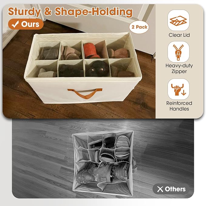 Shoe Organizer for Closet, 2-Pack Foldable Shoe Storage Box with Adjustable Dividers & Clear Cover, Fits 16 Pairs, Beige, Durable and Space-Saving - Image 3