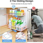 Under Sink Organizer, 2 Pack 2 Tier Pull Out Under Cabinet Organizer Shelf with Pad for Framed Cabinets, Metal Slide Out Under Sink Storage, Mesh Sliding Drawers for Kitchen Bathroom Laundry, Pink - Image 4
