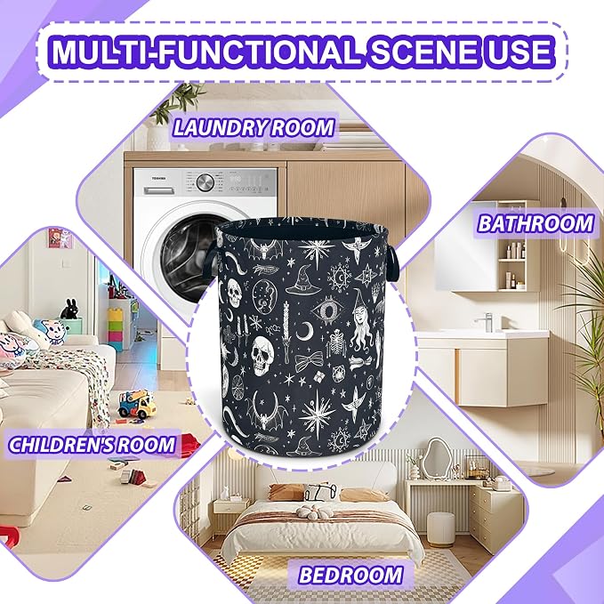 Witch Skull Gothic Laundry Basket Foldable Oxford Cloth Hamper 18.9x16.5 In - Image 4