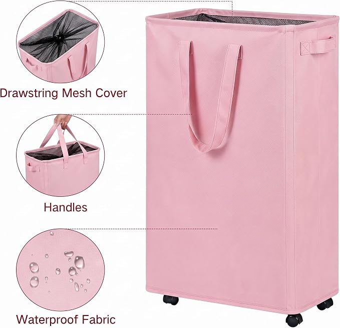 efluky Slim Laundry Hamper with Wheels, Rolling Laundry Basket for Clothes, Small Laundry Basket for Bedroom, Dorm and Laundry Room, 75L (19.8 Gallons) Pink - Image 3