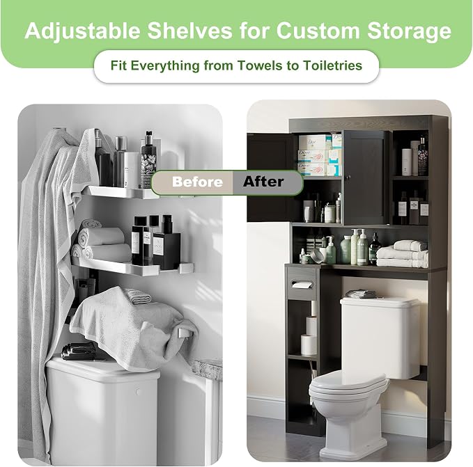 Over The Toilet Storage Cabinet with 7 Shelves, Imitation Walnut Grain Above Toilet Bathroom Organizer with Toilet Paper Holder Stand, Space Saver for Restroom, Laundry, Bathroom (Black) - Image 6