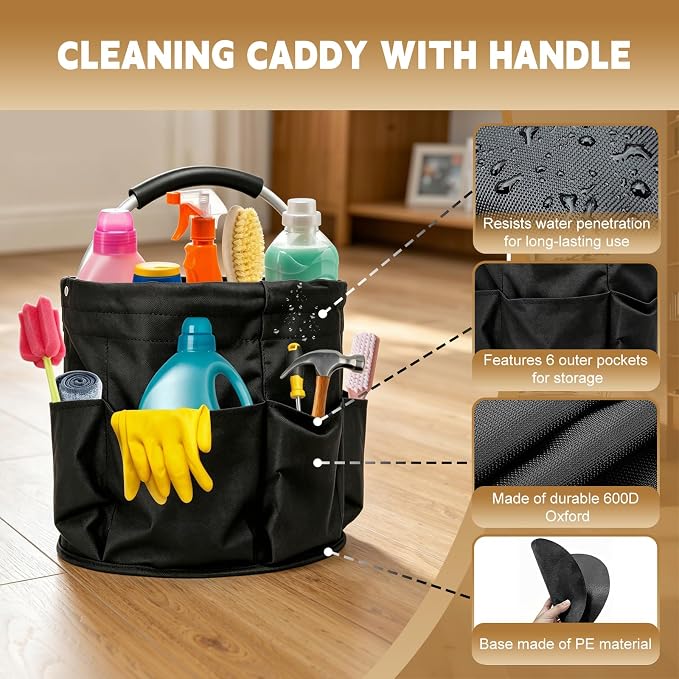 17L Cleaning Caddy with Handle, Foldable Cleaning Supplies Organizer, Portable Storage Bucket Bag for Home & Garden (Black) - Image 3