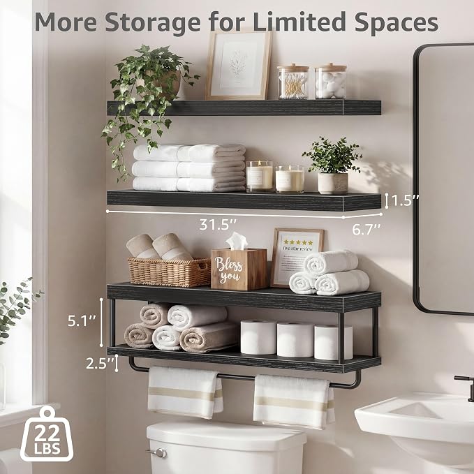 QEEIG Bathroom Floating Shelves Over Toilet - Wall Mounted Shelf Toilet Paper Storage Farmhouse 32 inch Long Set of 3, Black (027-80B3) - Image 3