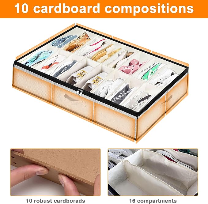 homyfort Shoe Storage Organizer Under Bed, 2 Pack Fits 32 Pairs, Extra Large Shoe Container, Breathable Fabric Underbed Storage for Sneakers, Slippers, Closet, Grey - Image 6