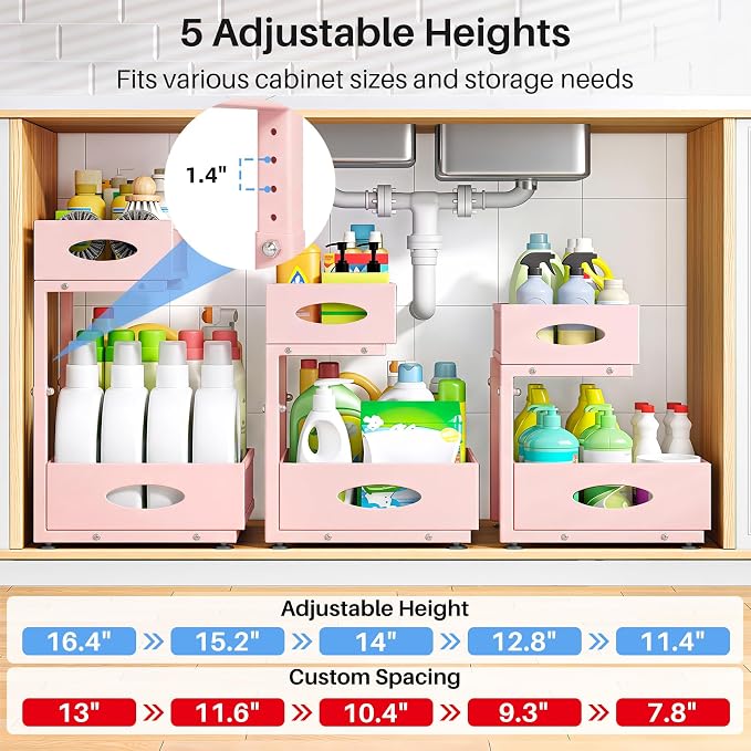 Under Sink Organizer, 2 Tier Pull Out Under Cabinet Organizer Shelf with Pad for Framed Cabinets, Metal Slide Out Under Sink Storage, Mesh Sliding Drawers for Kitchen Bathroom Laundry(Pink, 1 Pack) - Image 5