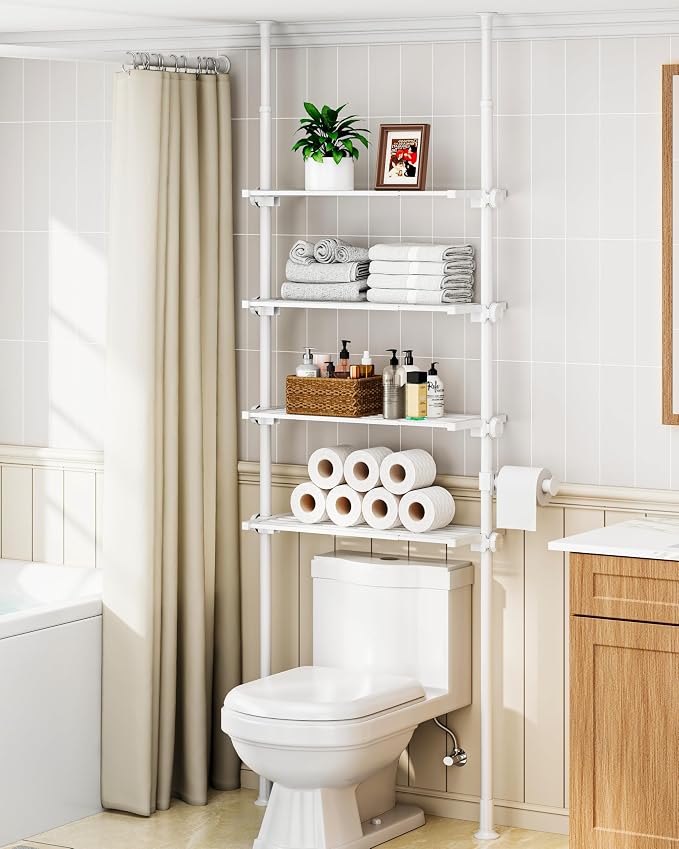 ALLZONE Adjustable Over The Toilet Storage Shelf, 4-Tier Ample Bathroom Organizer and Storage, Tension Mounted Above Toilet Storages Cabinet for Versatility, Fits 66-113 Inch Heights, White by ALLZONE