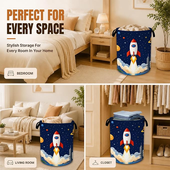 Cartoon Rocket Laundry Basket for Kids Room,Space Planets Foldable Oxford Hamper with Handles, Portable Clothes and Toy Storage Bucket Organizer for Bedroom Bathroom Dorm Laundry Room Decor - Image 7