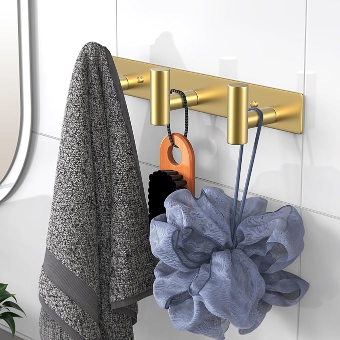 VAEHOLD Hat and Coat Wall Mount Rack - Hooks for Robes, Bags, Keys, and Towels - Bathroom Towel Hanger Organizer (Gold, “T“ Shape 3 Hooks 1 Pack) - Image 3