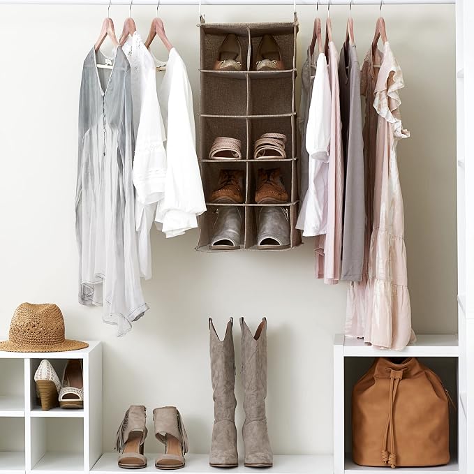 Household Essentials 10‑Pocket Hanging Shoe Organizer with Side‑by‑Side Canvas Storage and 2 Hooks for Support, Beige - Image 2