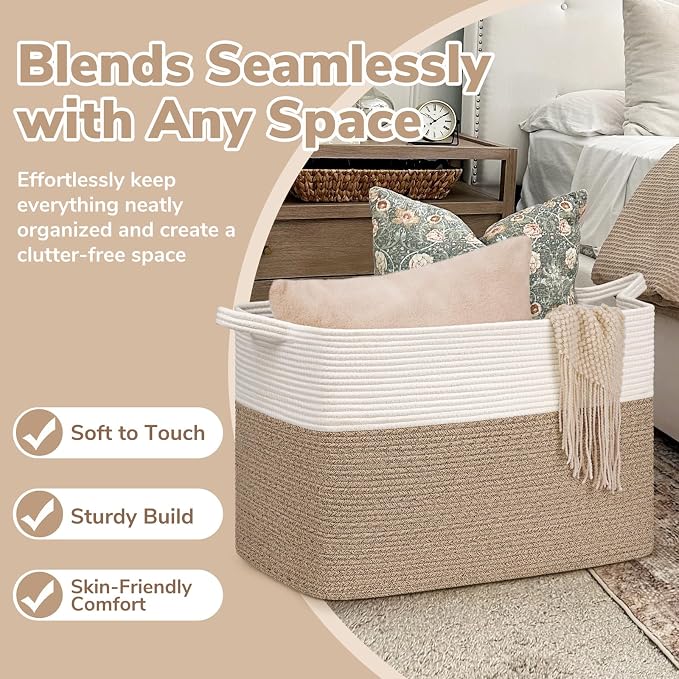 Goodpick 105L Extra Large Woven Rope Blanket Basket, White & Light Brown - Image 5