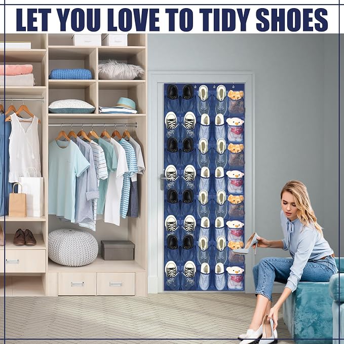 Windyun 1 Pcs 40 Pocket Over the Door Shoe Organizer Hang,Navy Blue - Image 4