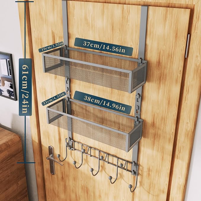 Consumest Over The Door Hooks Organizer - 3 Tier Door Hanger with 9 Coat Hooks & 2 Mesh Basket, Back Storage Organizer Hanging Towels for Bathroom, Bedroom, Grey - Image 8