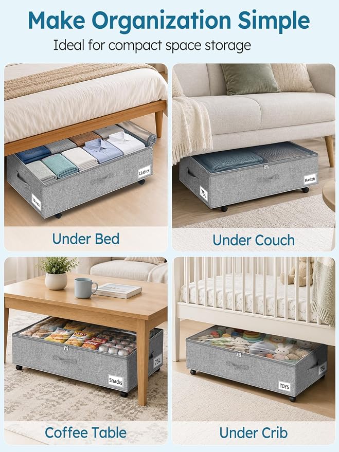 10-in 75L Low Profile Under Bed Storage with Wheels, 2 Pack, Gray | 5 Rotating Wheels, Large Clear lid, Rigid Sides & Bottom, Low Space Storage, Under Bed, Couch, Crib, Dorm Organization - Image 8