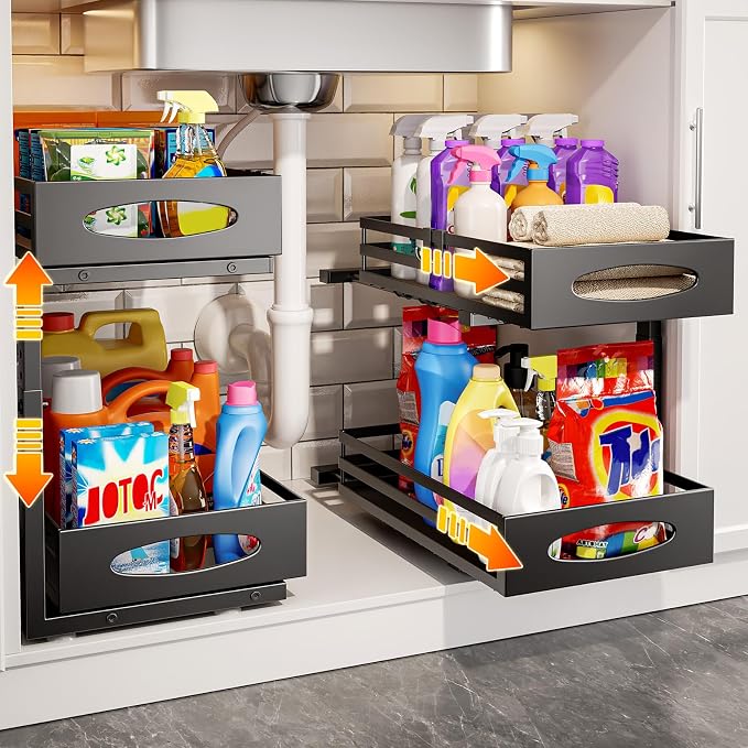 mixeshop Under Sink Organizer, 2 Tier Under Sink Organizers and Storage, Adjustable Height, Slide out Metal Cabinet Organizers, Pull out Cabinet Storage Drawer Shelf for Kitchen Bathroom (Black, 2) by MIXESHOP