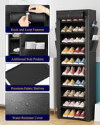 Kitsure 10-Tier Shoe Rack with Cover, Vertical Shelf, 17.5" Wide, Black | Space Saving Shoe Storage with Side Pocket, Shoe Organizer for Closet, Entryway, Bedroom, Zapateras Organizer - Image 5