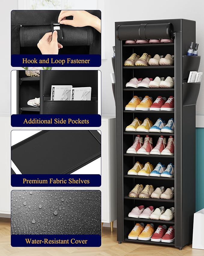 Kitsure 10-Tier Shoe Rack with Cover, Vertical Shelf, 17.5" Wide, Black | Space Saving Shoe Storage with Side Pocket, Shoe Organizer for Closet, Entryway, Bedroom, Zapateras Organizer - Image 5