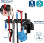 Mop and Broom Holder Wall Mount - Garage Storage Organizer with 5 Slots, 6 Hooks, 7.5lbs Capacity Per Slot - Home, Kitchen, Closet, Garden Tools, Laundry Room Organization – Black Broom Hanger - Image 7