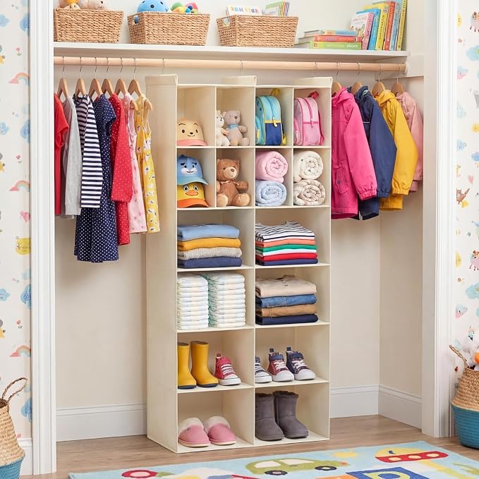 6 Tier Hanging Closet Organizer, 16 Compartments Dual Row Storage, Beige | Closet Organizers and Storage with Large & Small Pockets, 3 Sturdy Hooks Support Heavy Loads, Ideal for Dorm, Garment Rack - Image 2