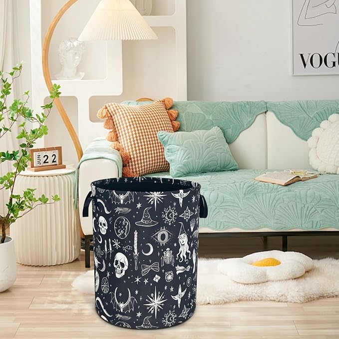 Witch Skull Gothic Laundry Basket Foldable Oxford Cloth Hamper 18.9x16.5 In - Image 6