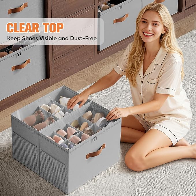 2 Pack Shoe Organizer for Closet,Foldable Shoe Storage Organizer with Adjustable Dividers, Shoe Storage Box with Clear Cover, Fits up to 16 Pairs, Gray - Image 6