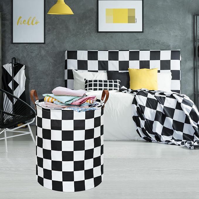 MAIZMZ Checkered Flag Canvas Storage Basket 63L Waterproof Laundry Hamper with Handles, Collapsible Racing Themed Organizer Bin for Boys Bedroom, Toys, Clothes, Gift Giving - Image 2