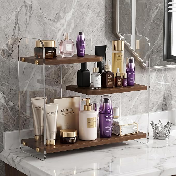 3-Tier Acrylic & Wood Bathroom Vanity Countertop Organizer Shelf by Gihkasd
