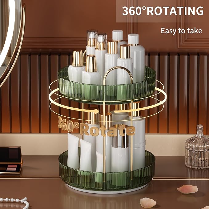 YCIA&DONE 360 Rotating Makeup Organizer and Storage for Vanity Countertop 2 Tiers, High Capacity Cosmetic Skincare Perfume Organizers for Dresser Bathroom Lazy Susan (Vintage Green) - Image 2