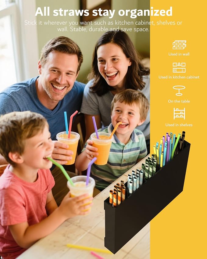 Acrylic Straw Holder & Organizer - Compact, Adhesive Tape Included for Easy Installation - Perfect for Countertops, Cabinets, or Kitchen Storage (Black-5 Compartments) - Image 2