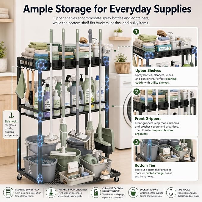 Cleaning Supplies Organizer Cart with Wheels, Broom and Mop Holder with 5 Grippers, 6 Hooks, 3 Shelves, Rolling Broom Closet Storage Rack for Laundry Room, Kitchen, Bathroom, Garage, Poolside - Image 3