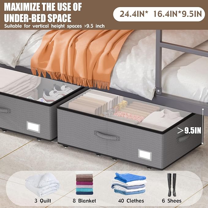 EE-RoomWorld Under Bed Storage with Wheels, No Assemble Required 10 inches height Under Bed Storage bins,Large capacity Rolling Underbed Shoe Storage containers，dorm underbed storage drawers - Image 2