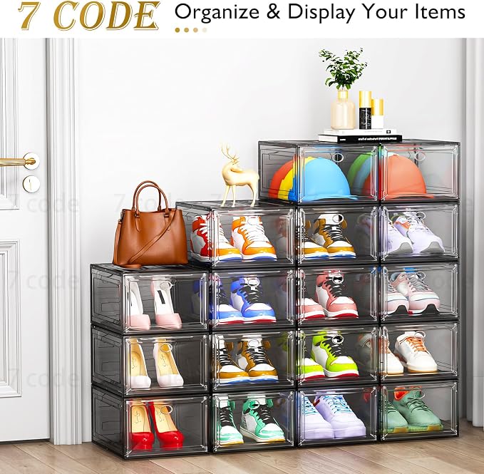 Sturdy Clear Shoe Organizer with Magnetic Door, Stackable Shoe Storage Box | Thick Plastic Shoe Storage for Sneakers & Boots, Collapsible Closet Shoe Rack and Clear Shoe Box, 6 Pack Black - Image 4