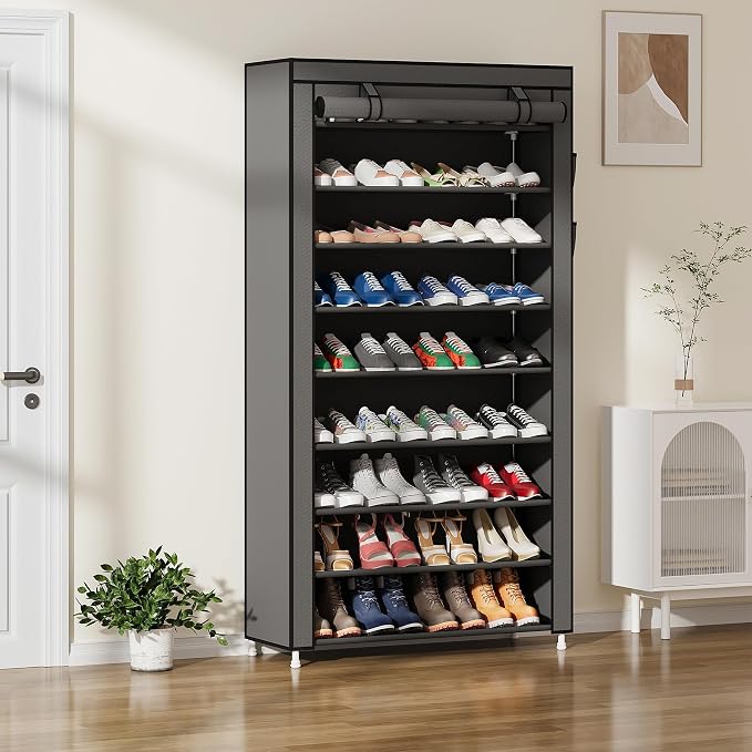Laiensia 9-Tier Vertical Shoe Rack Organizer, Space Saving Shoe Storage Organizer, Non-Woven Cover Shoe Shelf Holds 36-45Pairs for Bedroom, Hallway, Closet Entryway, Grey - Image 7