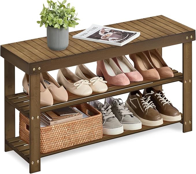 SONGMICS Shoe Rack Bench, 3-Tier Bamboo Entryway Bench, 35.4 Inches Width | Shoe Storage Organizer, Holds Up to 286.6 lb, Yellow Brown, BAMBOU Collection ULBS090K01 by Unknown